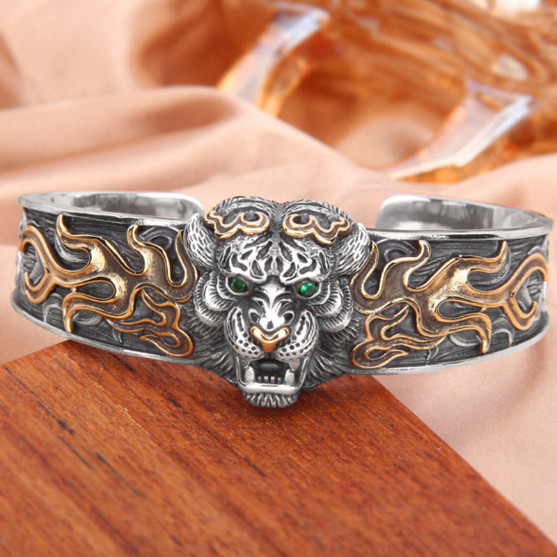 Pulsera de plata de ley 925 con Buddha Stones , diseño de tigre del zodíaco chino, para mantener alejados a los espíritus malignos