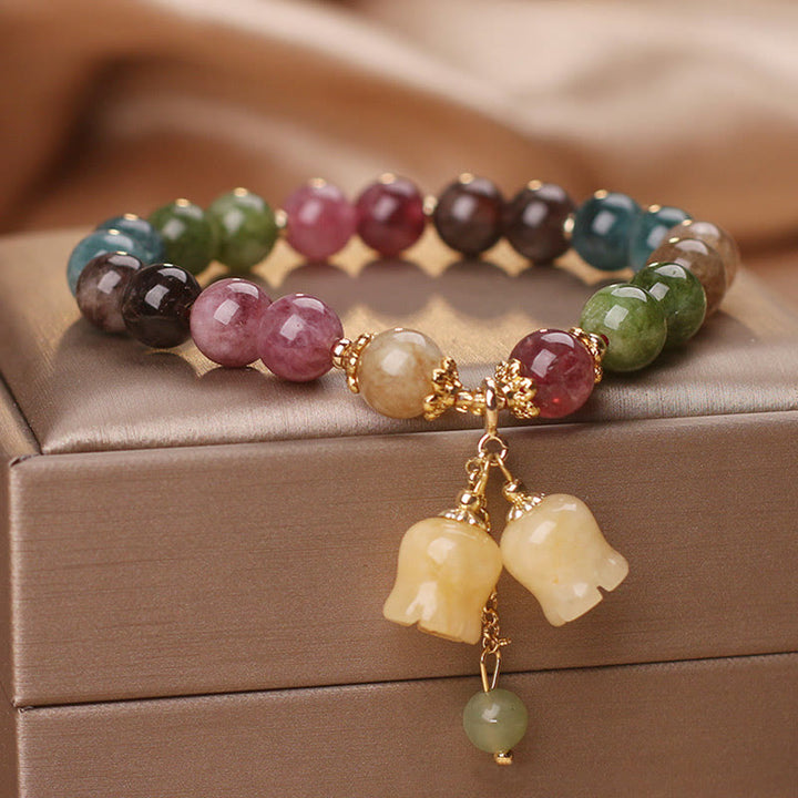 Pulsera de amor con cuentas de flores de turmalina colorida natural con Buddha Stones