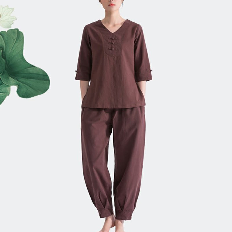 Conjunto de ropa de lino y algodón con diseño de cuello en V para mujer, uniforme de práctica Zen, Buddha Stones, Yoga, meditación y oración
