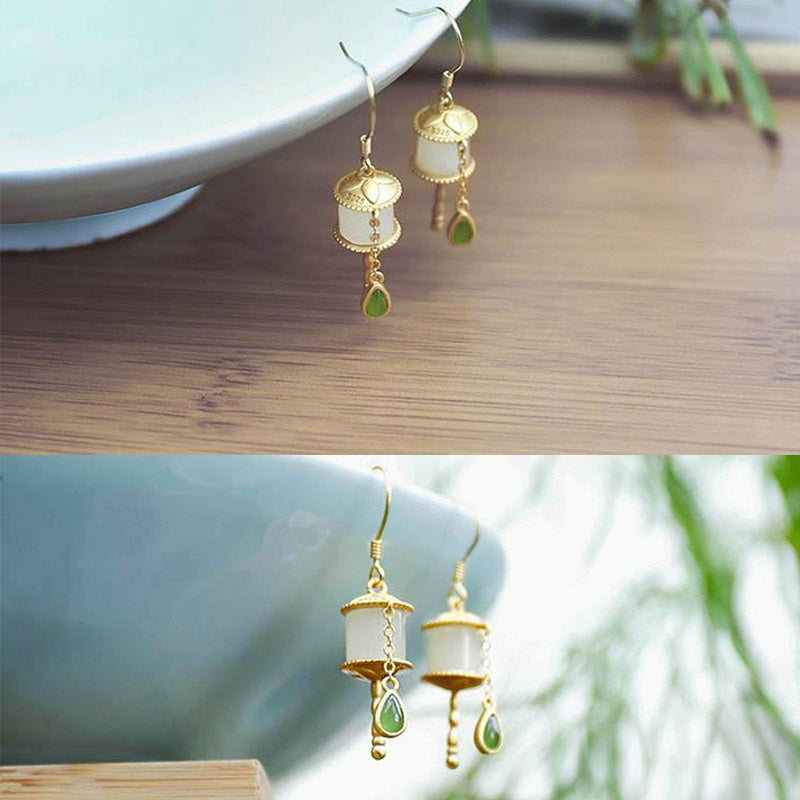 Pendientes colgantes de la suerte con rueda de oración de jade de plata de ley 925 con Buddha Stones