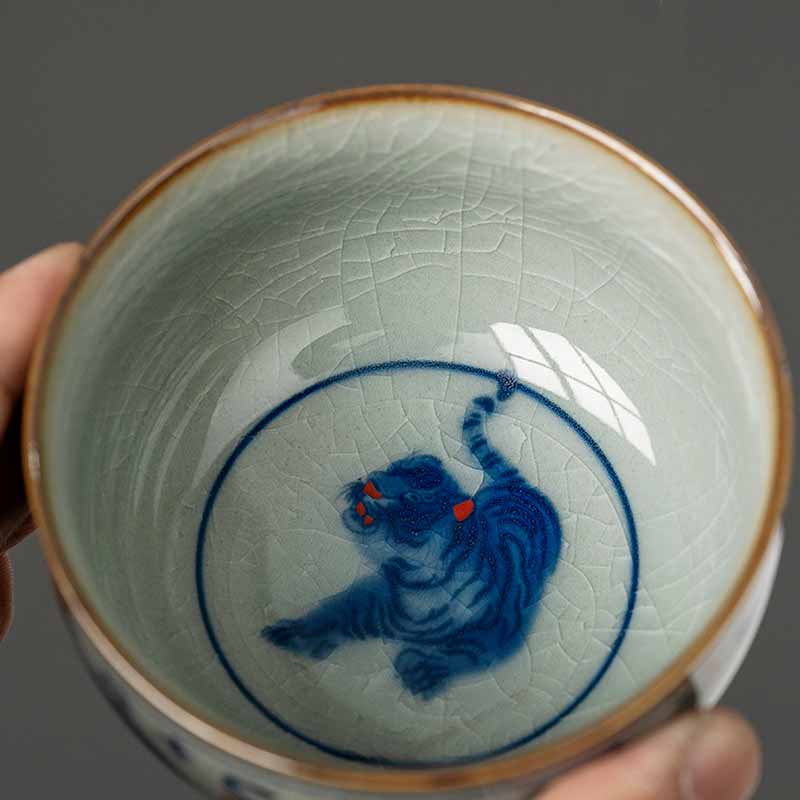 Buddha Stones Jingdezhen pintado a mano lindo tigre taza de té de cerámica Kung Fu taza de té tazón 140ml