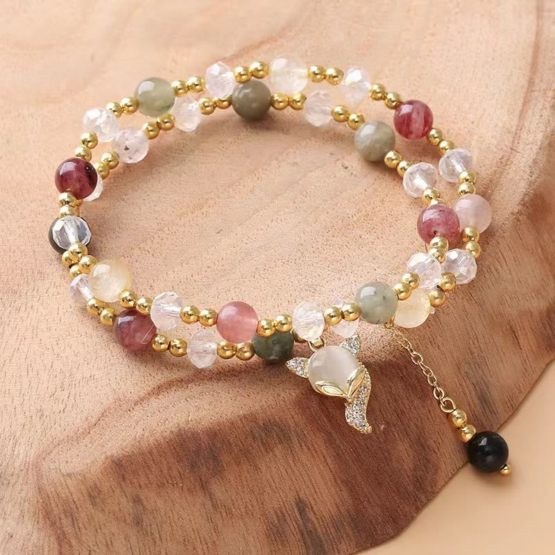 Pulsera de doble vuelta con protección de zorro de cuarzo rutilado multicolor con Buddha Stones