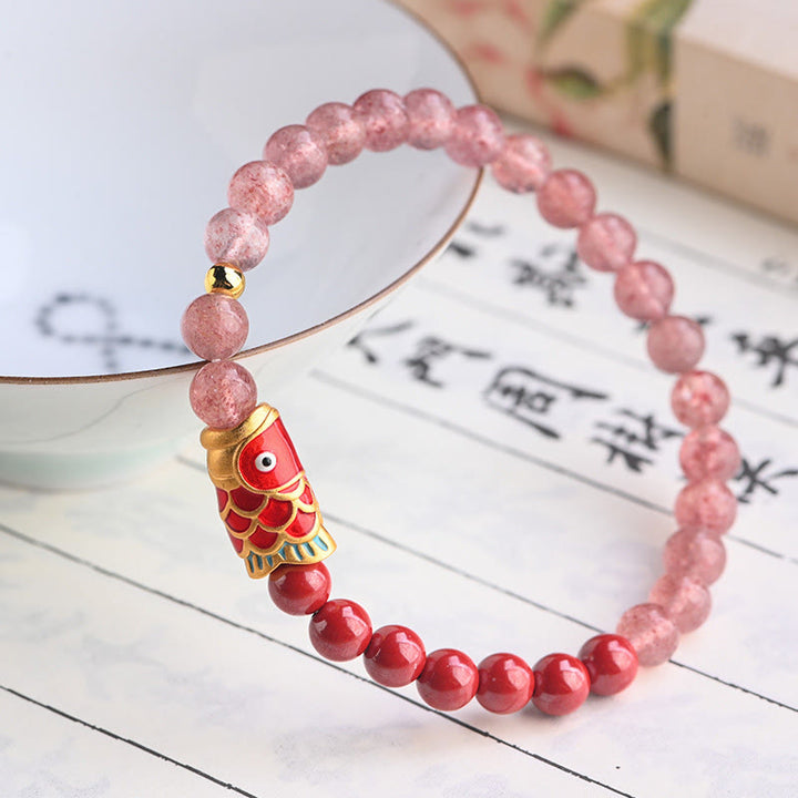 Pulsera curativa de peces Koi de la suerte, cinabrio, cuarzo fresa Natural, Buddha Stones