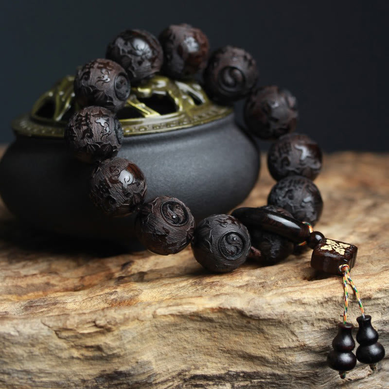Pulsera de equilibrio de calabaza grabada con Buddha Stones , madera de ébano, carácter chino, Yin Yang