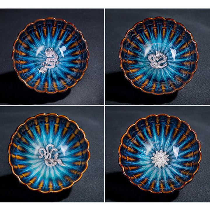 Tazas de té de cerámica con incrustaciones de Buddha Stones, loto, pez dorado, dragón auspicioso, fénix, 130 ml