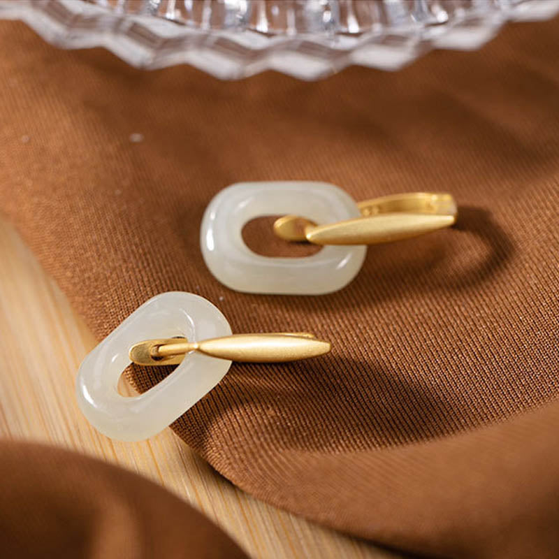 Pendientes de bendición de la felicidad de jade blanco redondo de plata de ley 925 con Buddha Stones