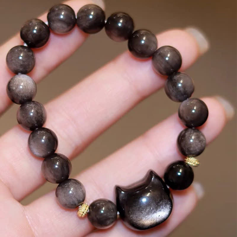 Buddha Stones Obsidiana con brillo dorado Obsidiana con brillo plateado Pata encantadora Pulsera de protección del gato de la suerte - image 36