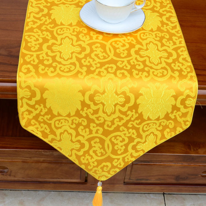 Camino de mesa Jacquard con borlas y símbolos propicios tibetanos con diseño de dragón Vajra y flores de altar de oración