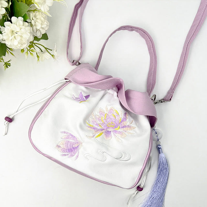 Buddha Stones Suzhou Bordado Camelia Magnolia Peonía Loto Seda Bolso Bandolera Bolso Bandolera Bolso