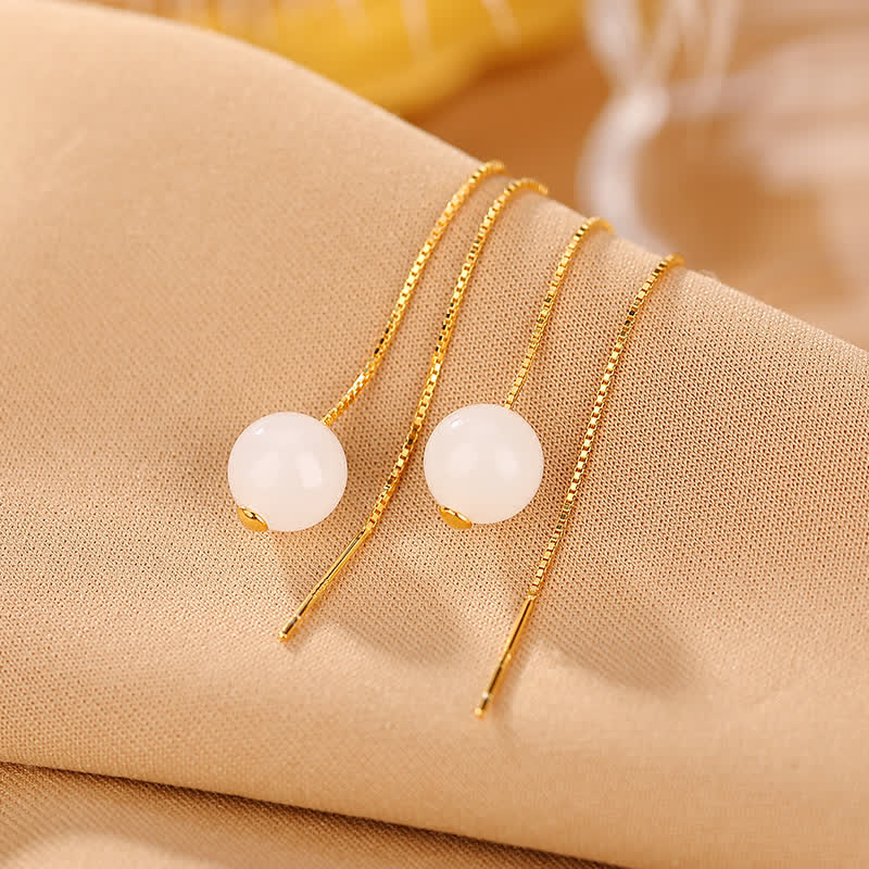 Pendientes colgantes de felicidad con cuentas de jade blanco de plata de ley 925