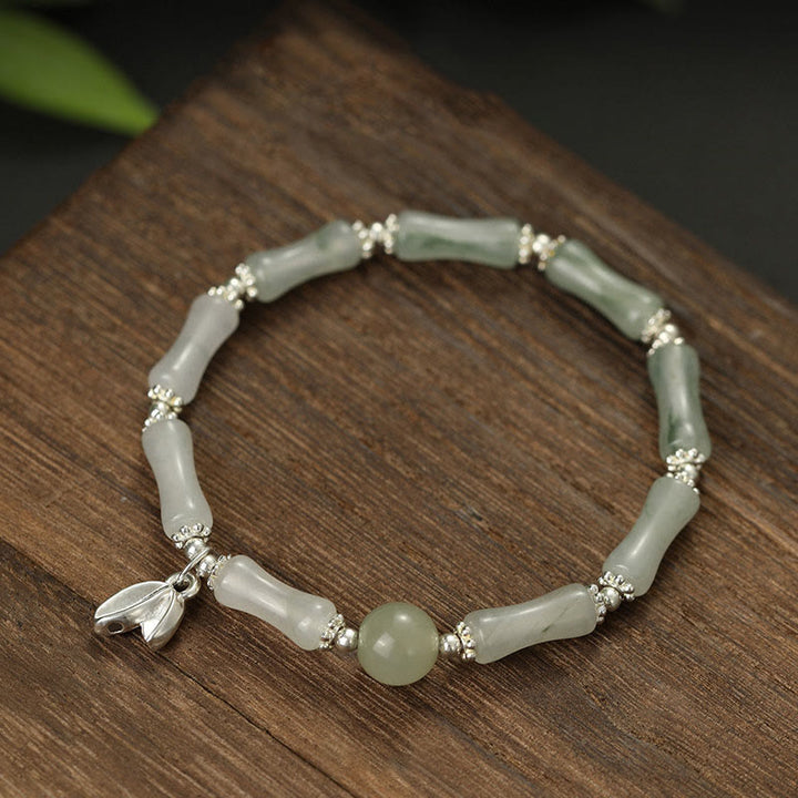 Pulsera de la suerte con dije de bambú de Jade Tianshan Natural de Plata de Ley 925 con Buddha Stones