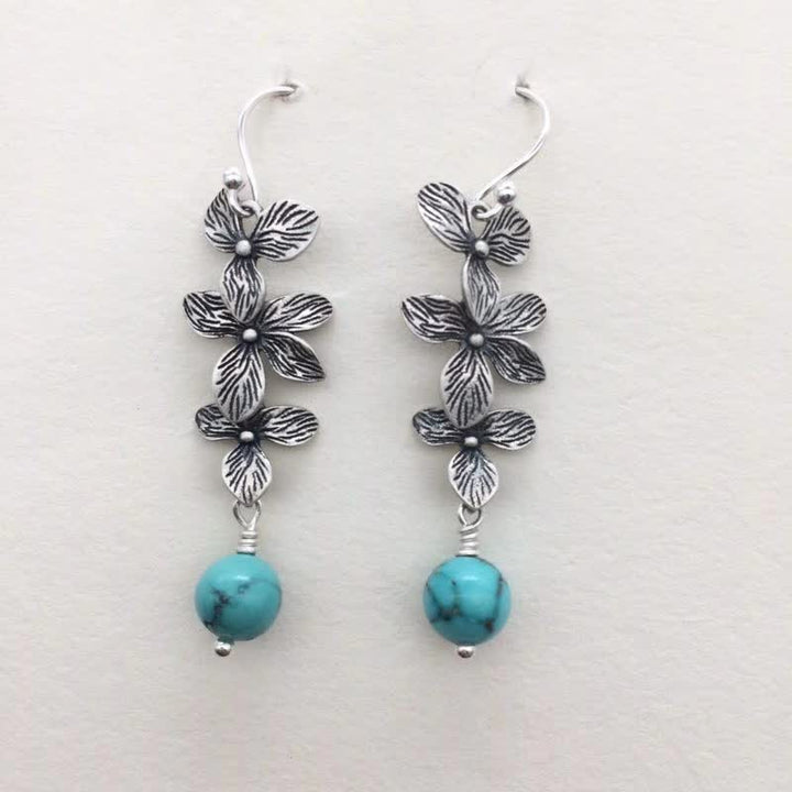 Pendientes colgantes de plata de ley 925 con forma de flor de lazurita turquesa y hoja de serenidad