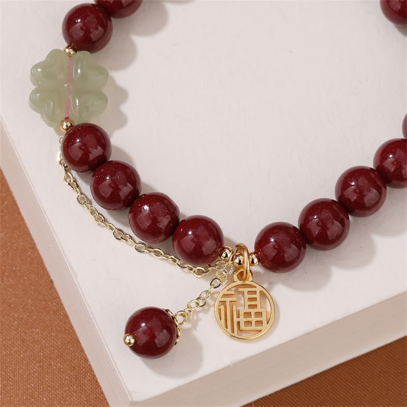 Pulsera de bendición con trébol de cuatro hojas de la suerte, Jade hetiano, cinabrio, Buddha Stones