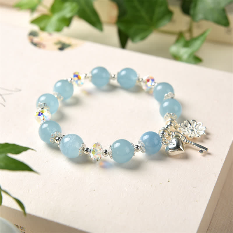 Pulsera con dije de llave de amor con flor de serenidad de aguamarina natural de plata de ley 925