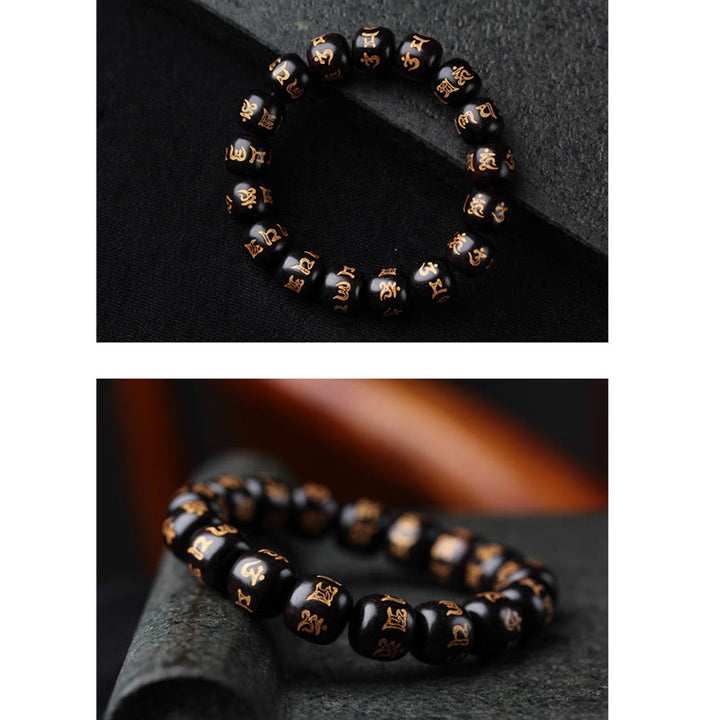 Pulsera de la paz grabada con Buddha Stones, madera de ébano tibetano, Om Mani Padme Hum