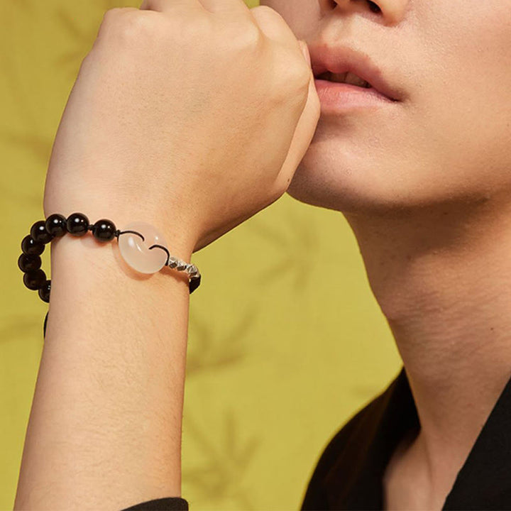 Pulsera de fuerza con hebilla de paz de ágata de obsidiana negra de plata de ley 925 con Buddha Stones