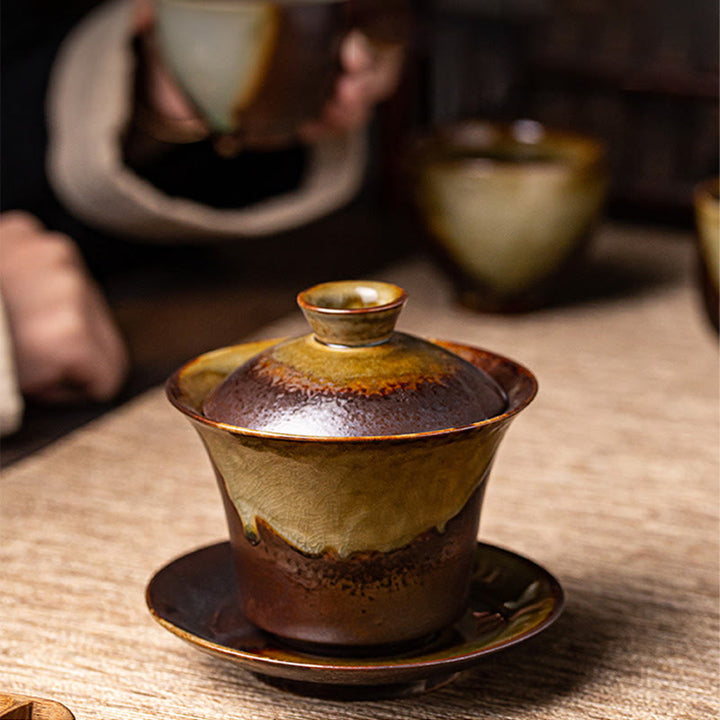 Buddha Stones Vintage marrón horno cambiar diseño porcelana cerámica Gaiwan Sancai taza de té Kung Fu y platillo con tapa