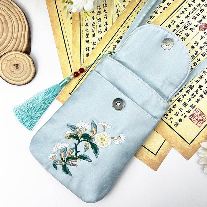 Bolso bandolera con flores bordadas pequeñas y Buddha Stones, bolso de hombro, bolso para móvil de doble capa