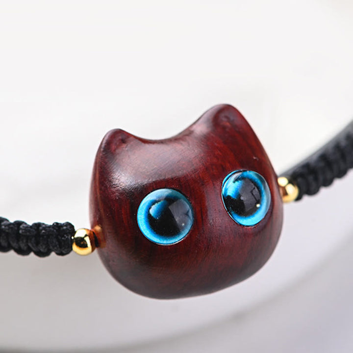 Pulsera trenzada con Buddha Stones, hoja pequeña, sándalo rojo, madera de ébano, cabeza de gato bonita, protección tranquila - image 7