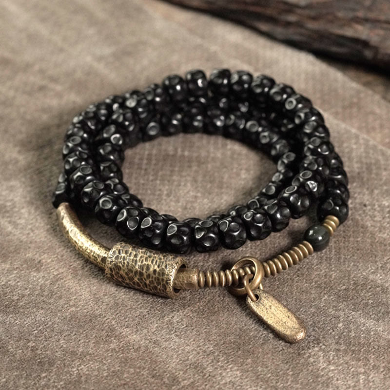 Pulsera de triple vuelta con Buddha Stones, concha de coco retro, latón y cobre. - 17-17,5 cm - image 0