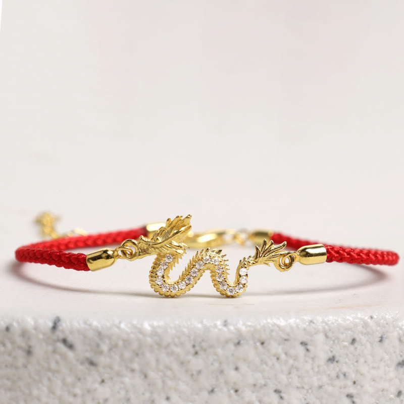 Pulsera de cadena de cuerda roja de la suerte del dragón dorado del Año del Dragón de Plata de Ley 925 con piedras de Buda