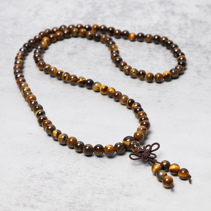 Buddha Stones tibetanas 108 cuentas de piedras preciosas de ojo de tigre naturales oración Mala pulsera collar