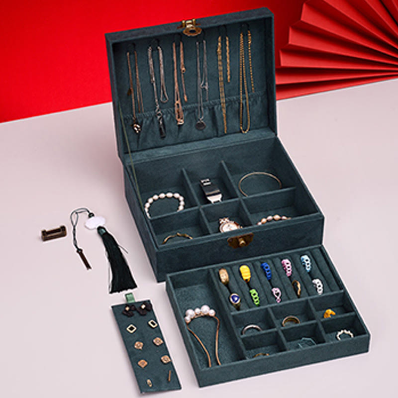 Caja organizadora de joyas de diseño Simple con Buddha Stones, caja de almacenamiento de joyas de dos capas, caja de franela con cerradura - image 8