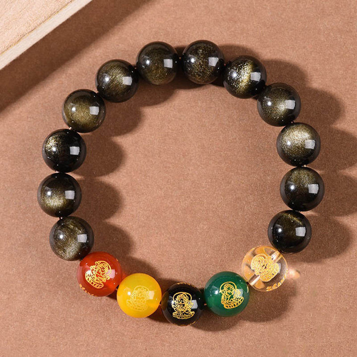 Buddha Stones Obsidiana con brillo dorado Obsidiana arcoíris Obsidiana negra Cinco direcciones Dioses de la riqueza Pulsera