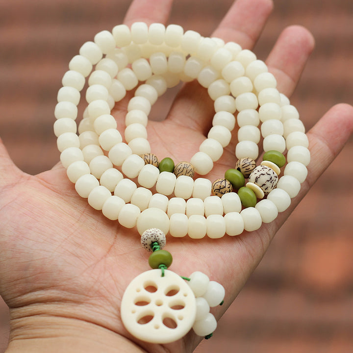 Pulsera de la suerte de 108 cuentas de Mala de semilla de Bodhi blanca