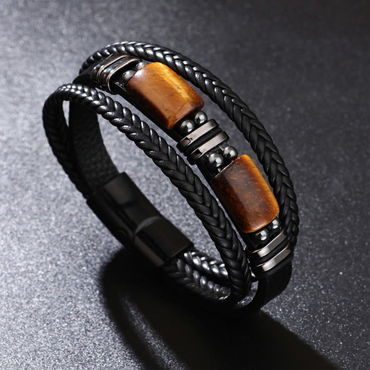 Pulsera de cuero multicapa con hebilla magnética y ojo de tigre con Buddha Stones