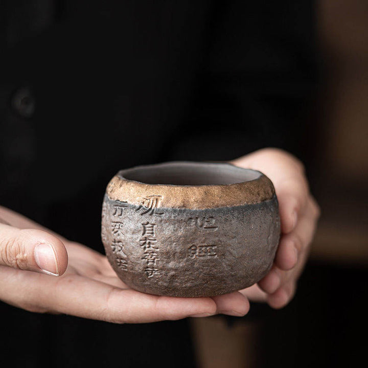 Taza de té de cerámica grabada con Sutra del corazón de Buddha Stones, taza de té de Kung Fu de 130ml