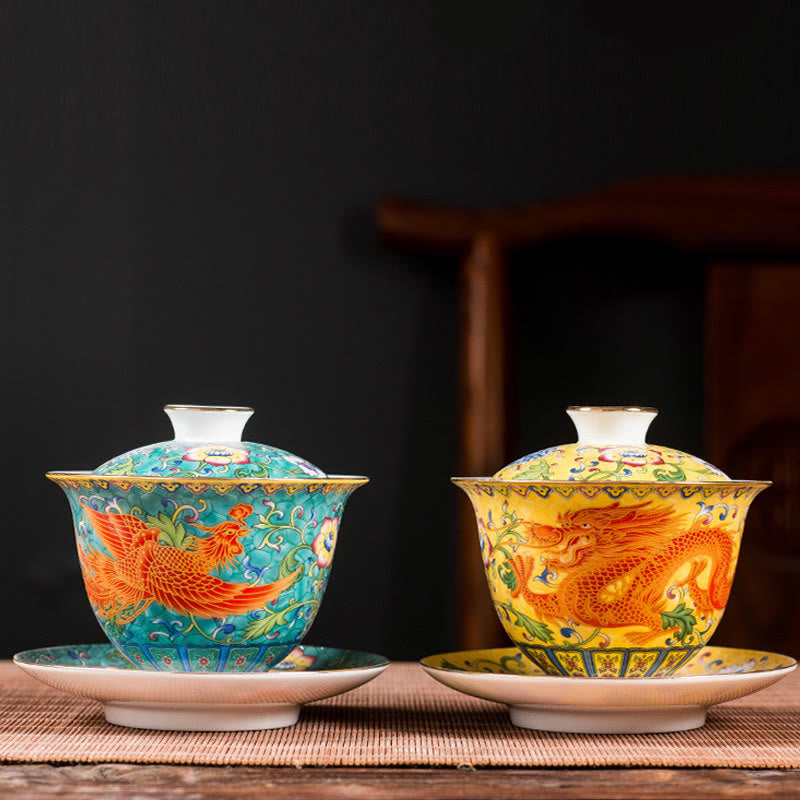 Taza de té y platillo con tapa, cerámica, diseño de flor de Fénix, dragón, Buddha Stones , Gaiwan Sancai, Kung Fu
