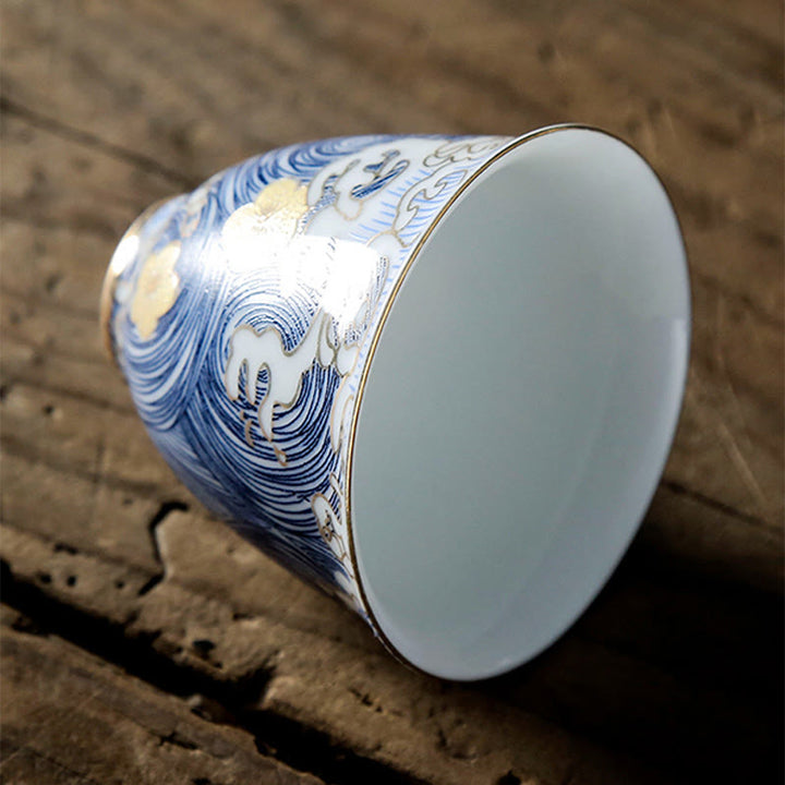 Tazas de té de cerámica con ondas del océano y el mar Vintage de Buddha Stones