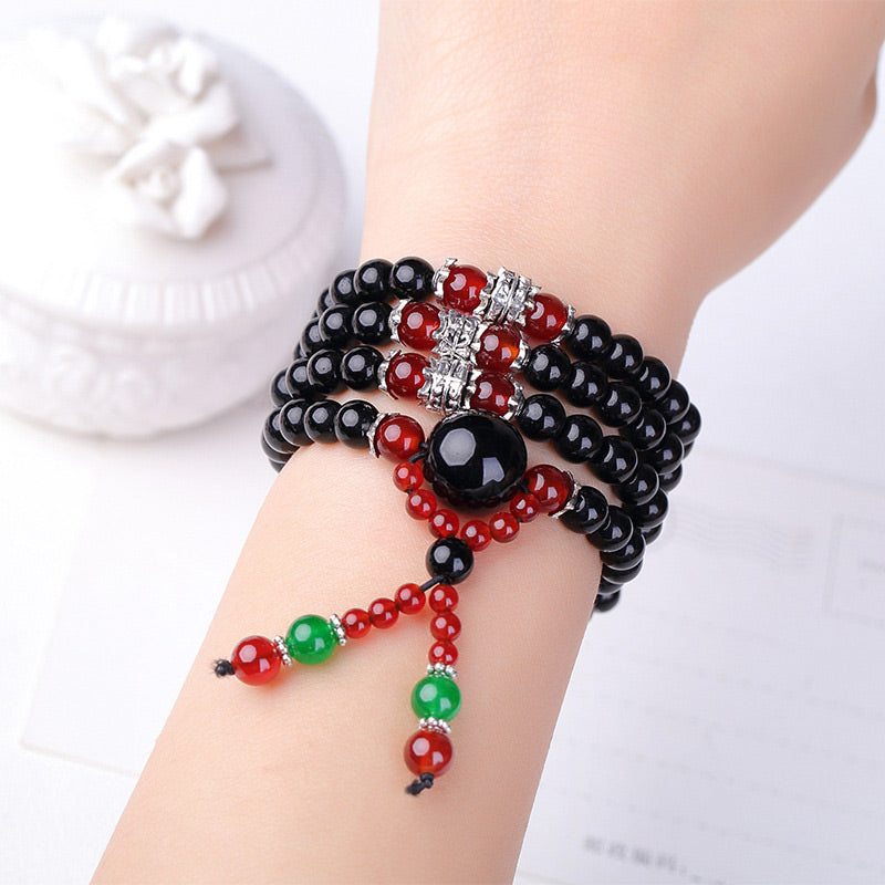 Pulsera Mala de ojo de tigre de obsidiana negra natural con 108 Buddha Stones