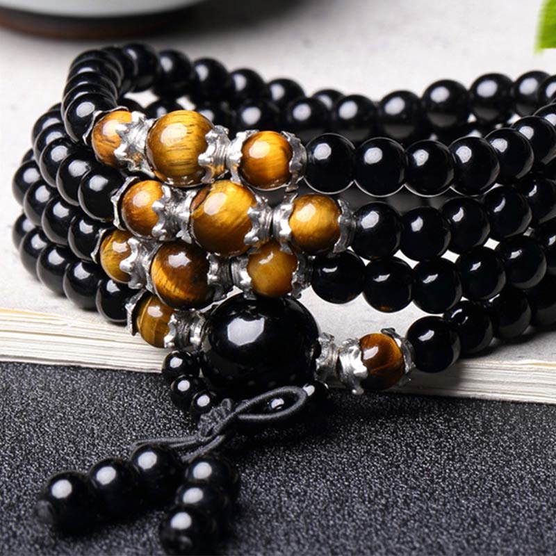 Pulsera Mala de ojo de tigre de obsidiana negra natural con 108 Buddha Stones