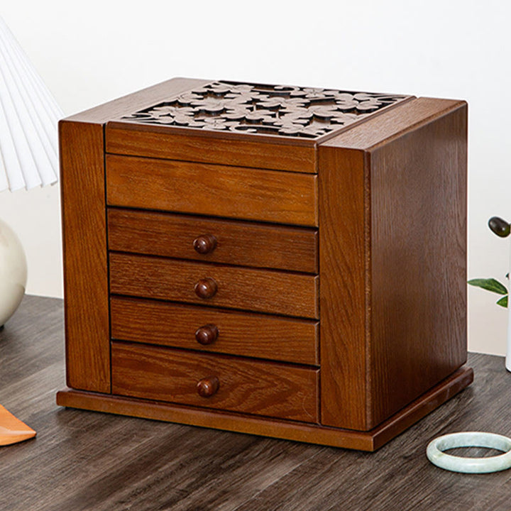 Caja de almacenamiento de joyería de madera de gran capacidad Vintage con Buddha Stones con espejo