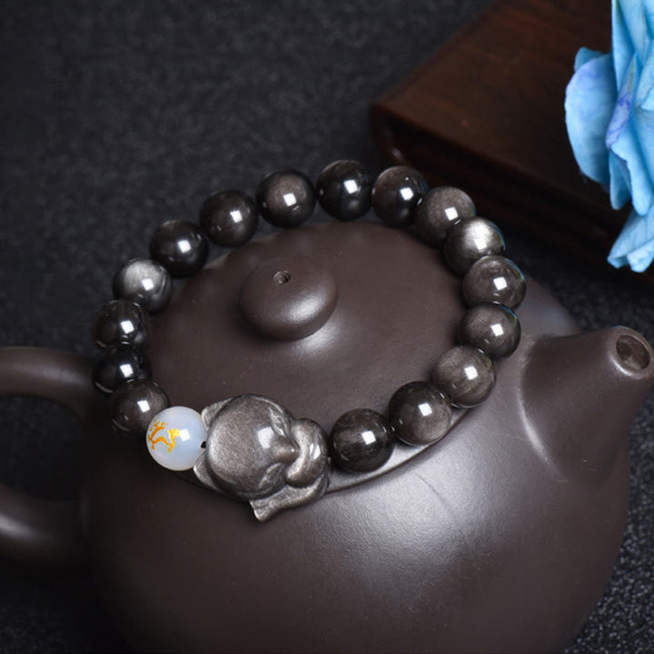 Buddha Stones Natural Arco Iris Obsidiana Oro Brillo Obsidiana Plata Brillo Obsidiana Zorro Curación Pulsera