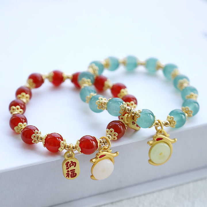 Buddha Stones Año del Dragón Ágata Roja Aventurina Verde Hebilla de la Paz Personaje Fu Pulsera de la Fortuna de la Suerte