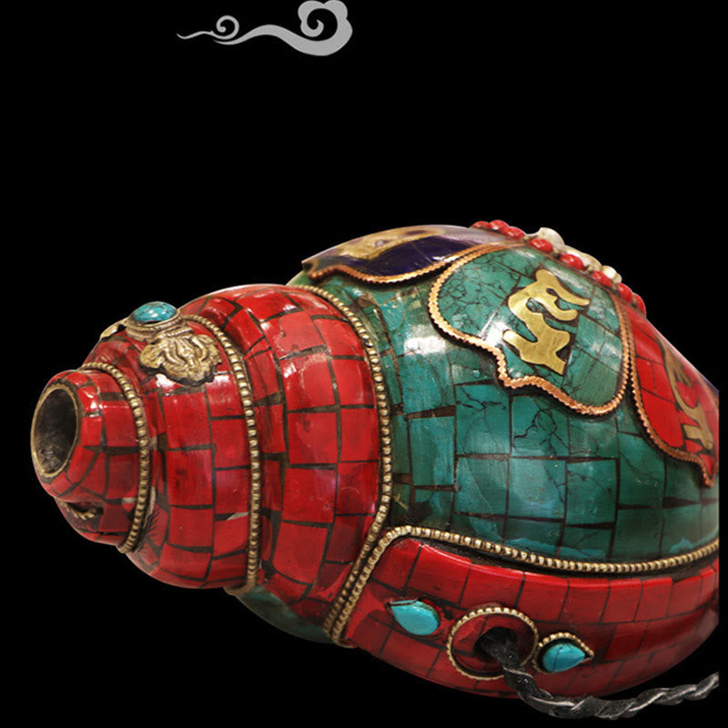 Concha tibetana hecha a mano Shankha Om Mani Padme Hum Buda, decoración de la suerte - image 4