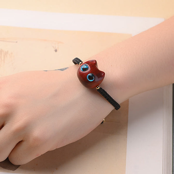 Pulsera trenzada con Buddha Stones, hoja pequeña, sándalo rojo, madera de ébano, cabeza de gato bonita, protección tranquila - image 6