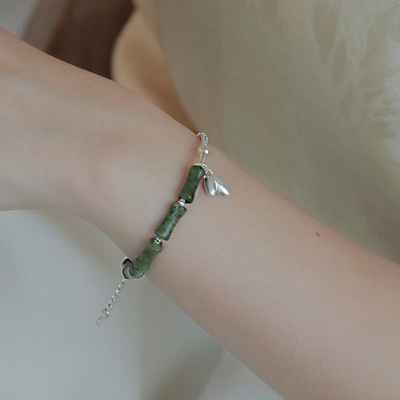 Pulsera de la suerte con patrón de bambú y peridoto de plata de ley 925 con Buddha Stones