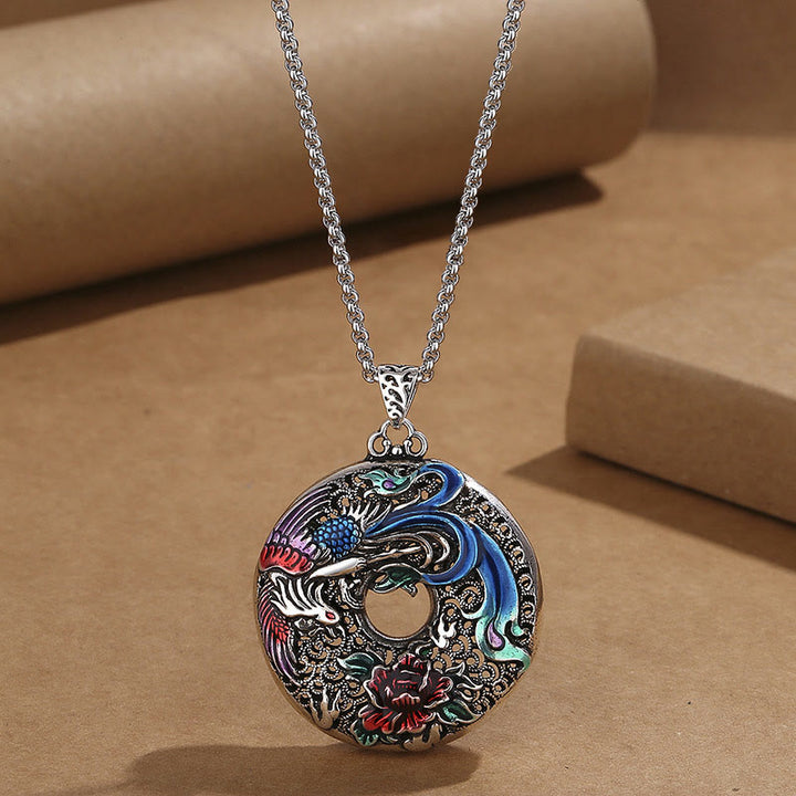 Colgante de collar de protección de la suerte con flor de peonía y fénix de Buddha Stones