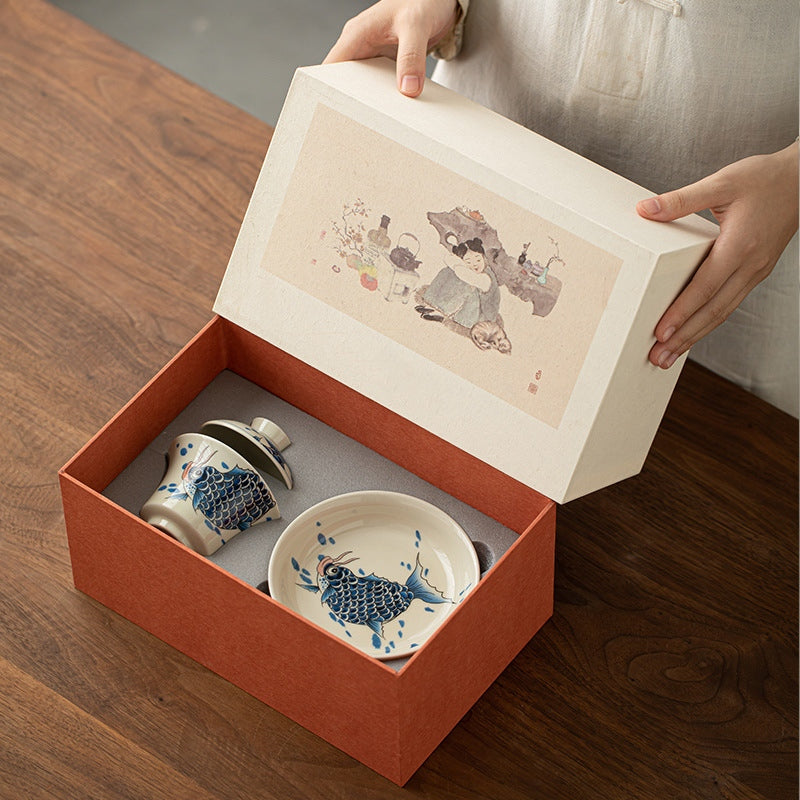 Buddha Stones Koi Arowana cerámica Gaiwan Sancai taza de té Kung Fu con tapa 130ml