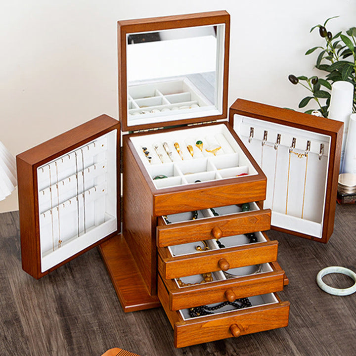 Caja de almacenamiento de joyería de madera de gran capacidad Vintage con Buddha Stones con espejo