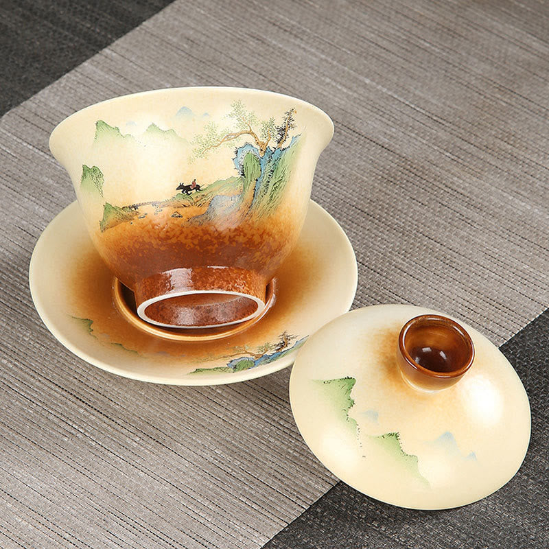 Taza de té y platillo con tapa, cerámica Gaiwan Sancai, paisaje de montaña, paisaje de montaña, Buddha Stones, Kung Fu