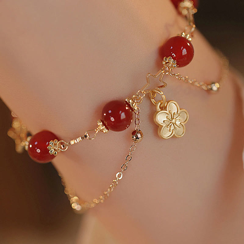 Pulsera tranquila con dije de flor de estrella de ágata roja chapada en oro de 14 Buddha Stones