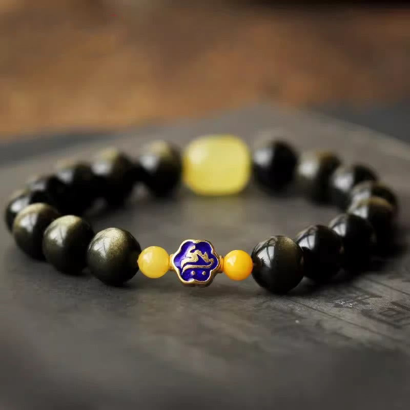 Pulsera de protección de la riqueza, Plata de Ley 925 con Buddha Stones , zodíaco chino, Buda natal, brillo de oro Natural, obsidiana, ámbar - image 1