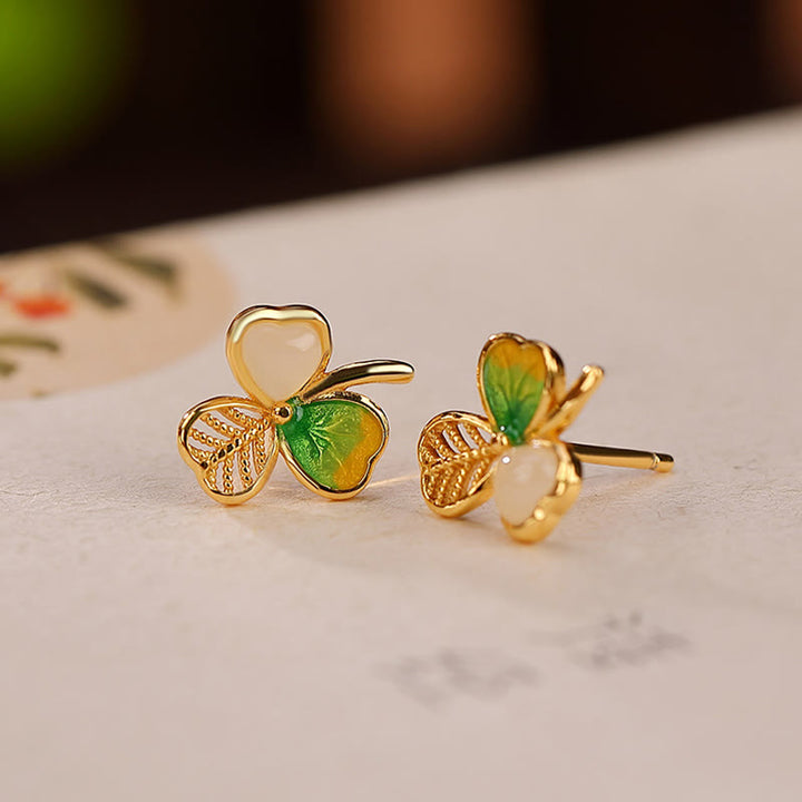 Pendientes con colgante de trébol de trébol de la suerte de jade hetiano chapado en plata de ley 925 con Buddha Stones
