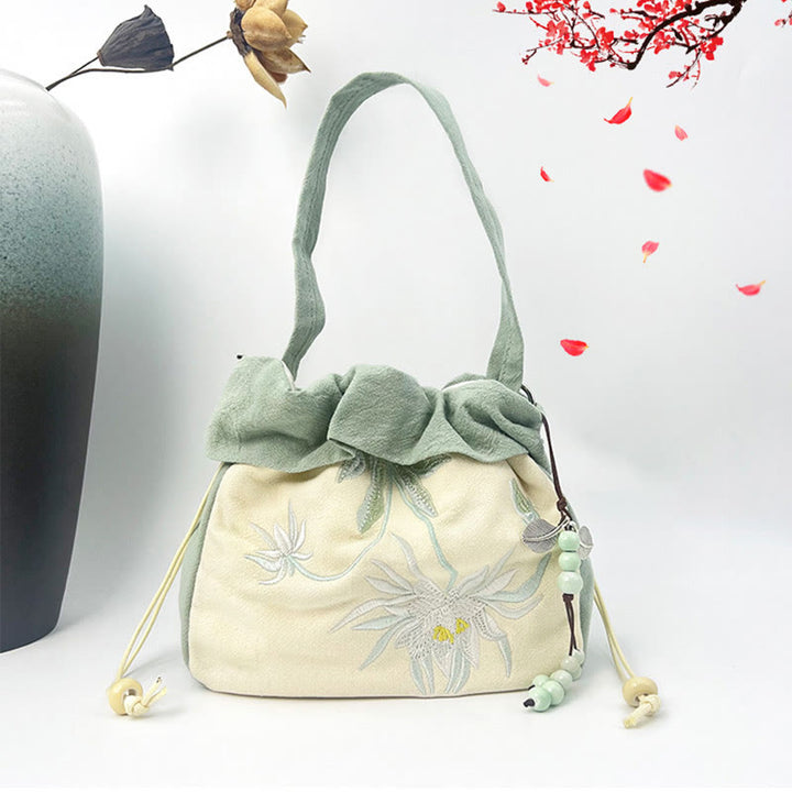 Buddha Stones Suzhou bordado Lotus Epiphyllum Magnolia algodón lino bolso bandolera bolso de hombro bolso