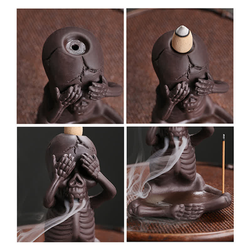 Buddha Stones, pequeño cráneo, fantasma, arcilla púrpura, reflujo de humo, fuente, decoración de quemador de incienso de paz
